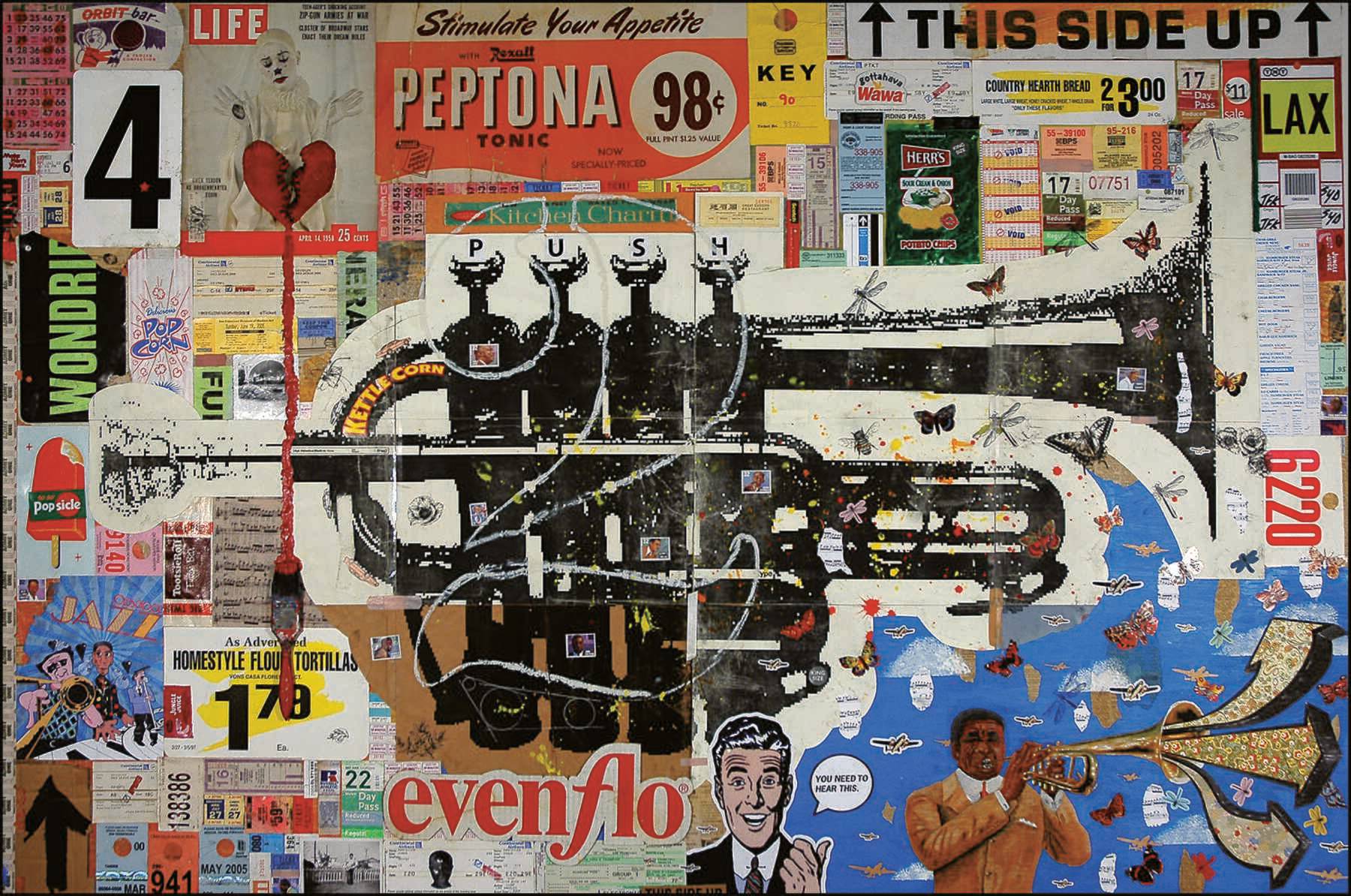 a wall with posters and a gun