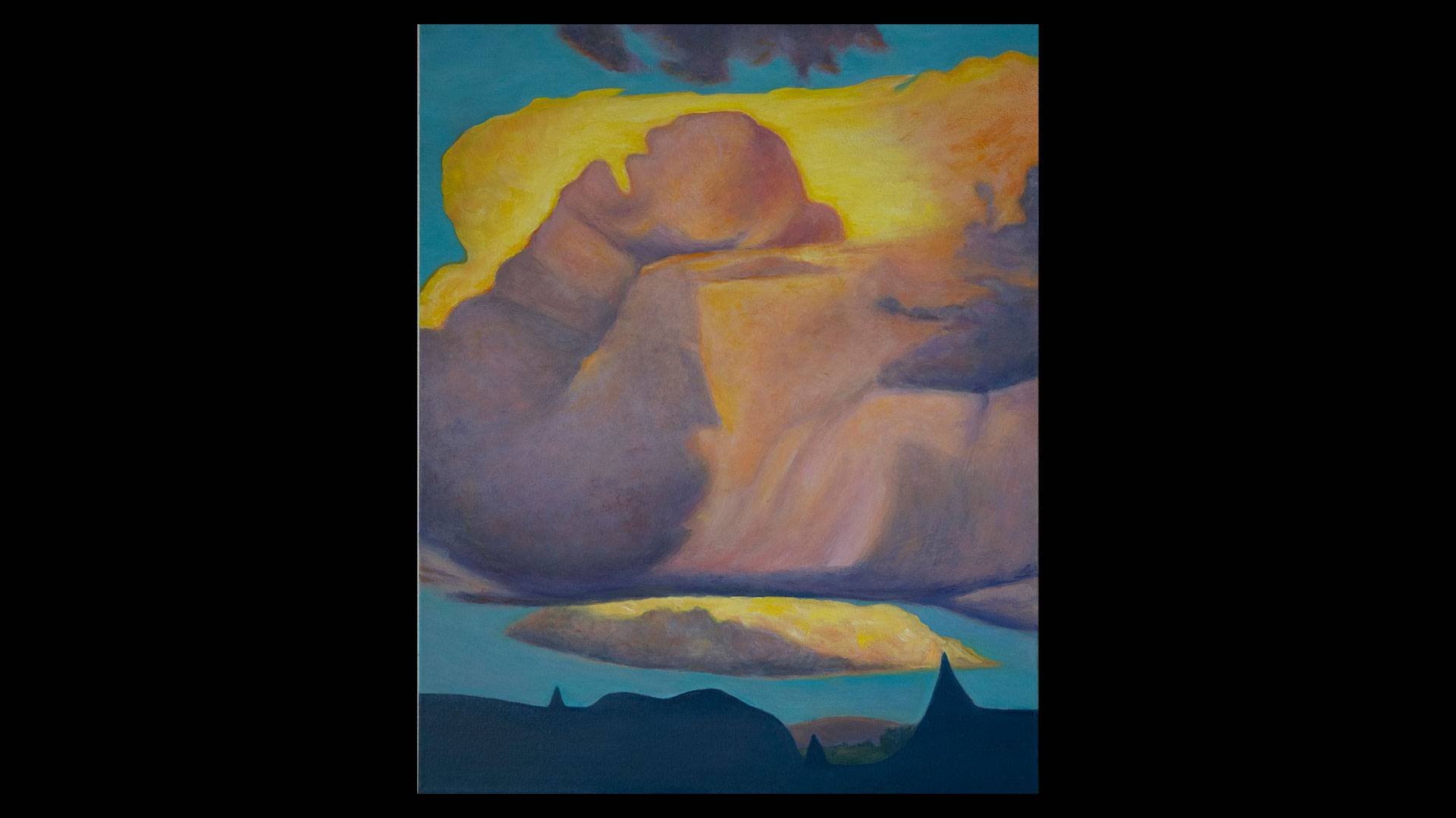 a painting of a person in the sky