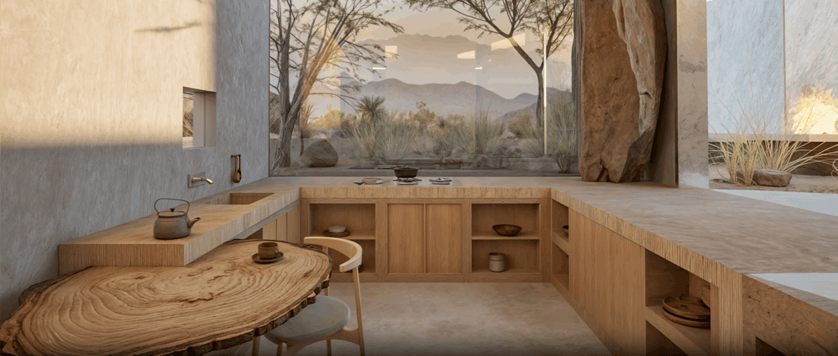 a kitchen with a table and chairs