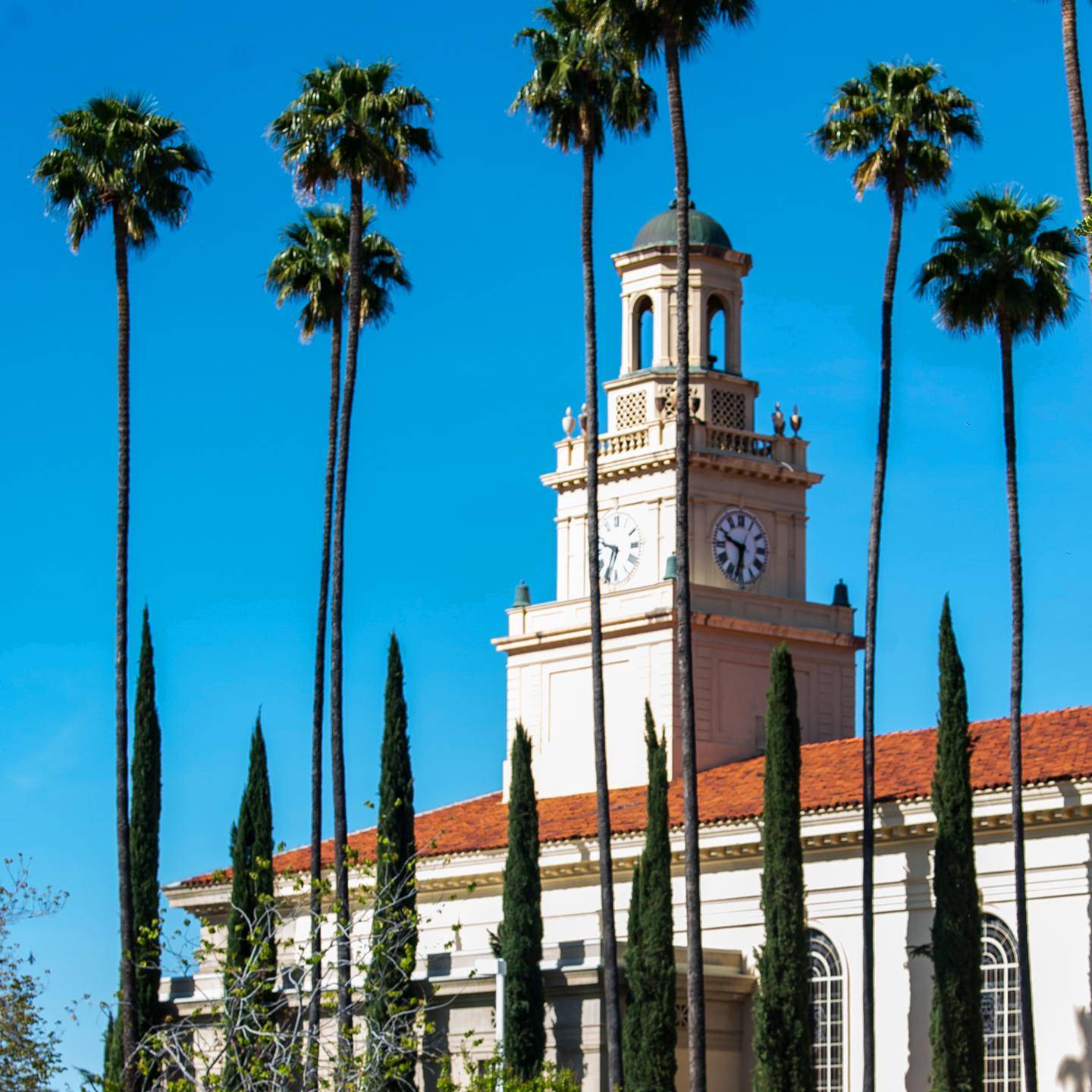 a building with a clock tower and palm trees