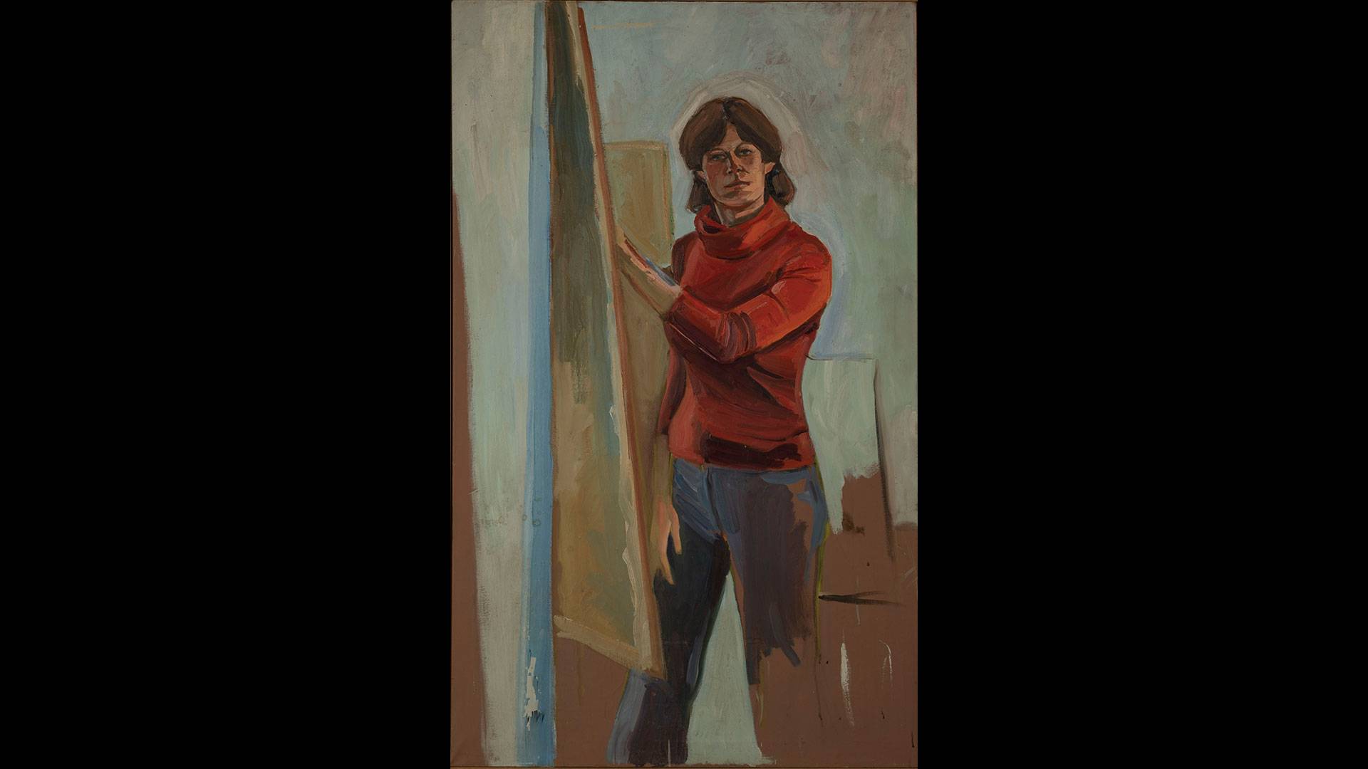 a painting of a person holding a large canvas