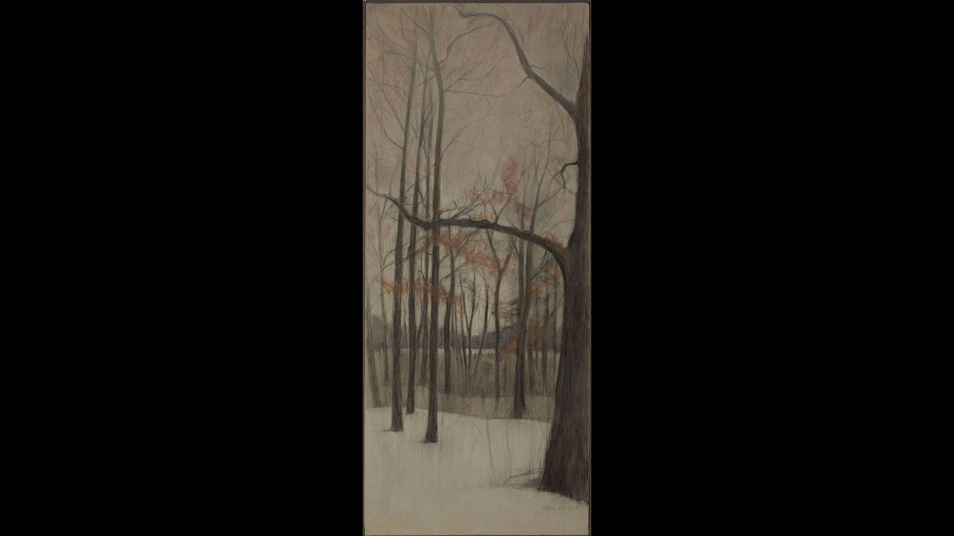 a painting of trees in the snow
