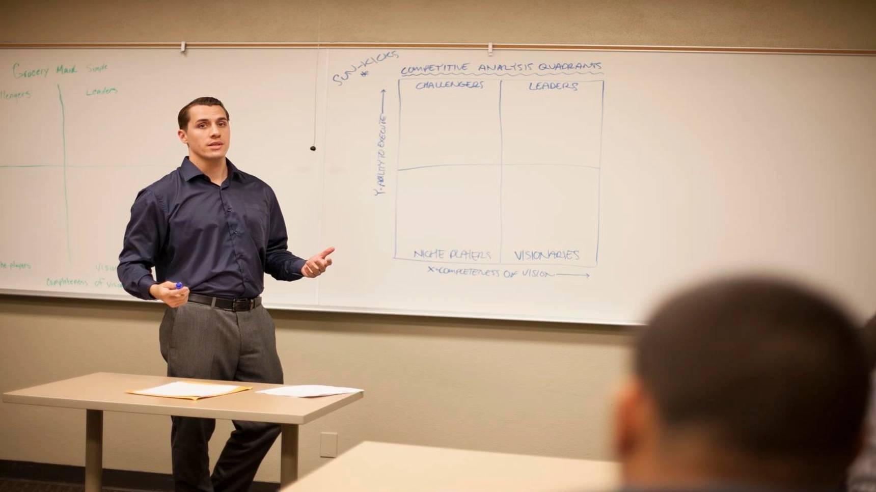 a person standing in front of a whiteboard