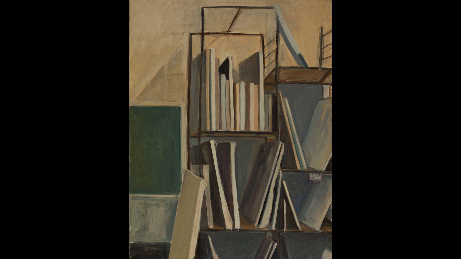 a painting of books on shelves