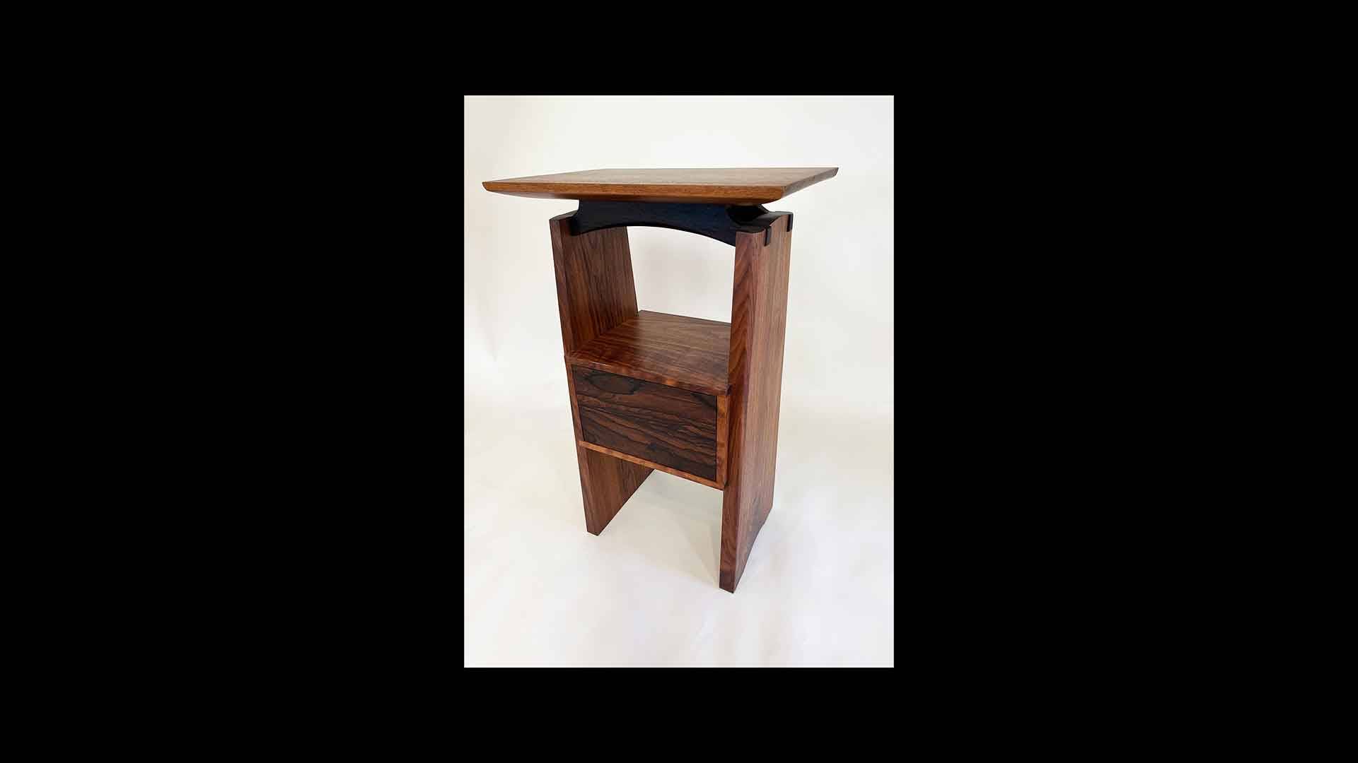 a wooden shelf with a shelf