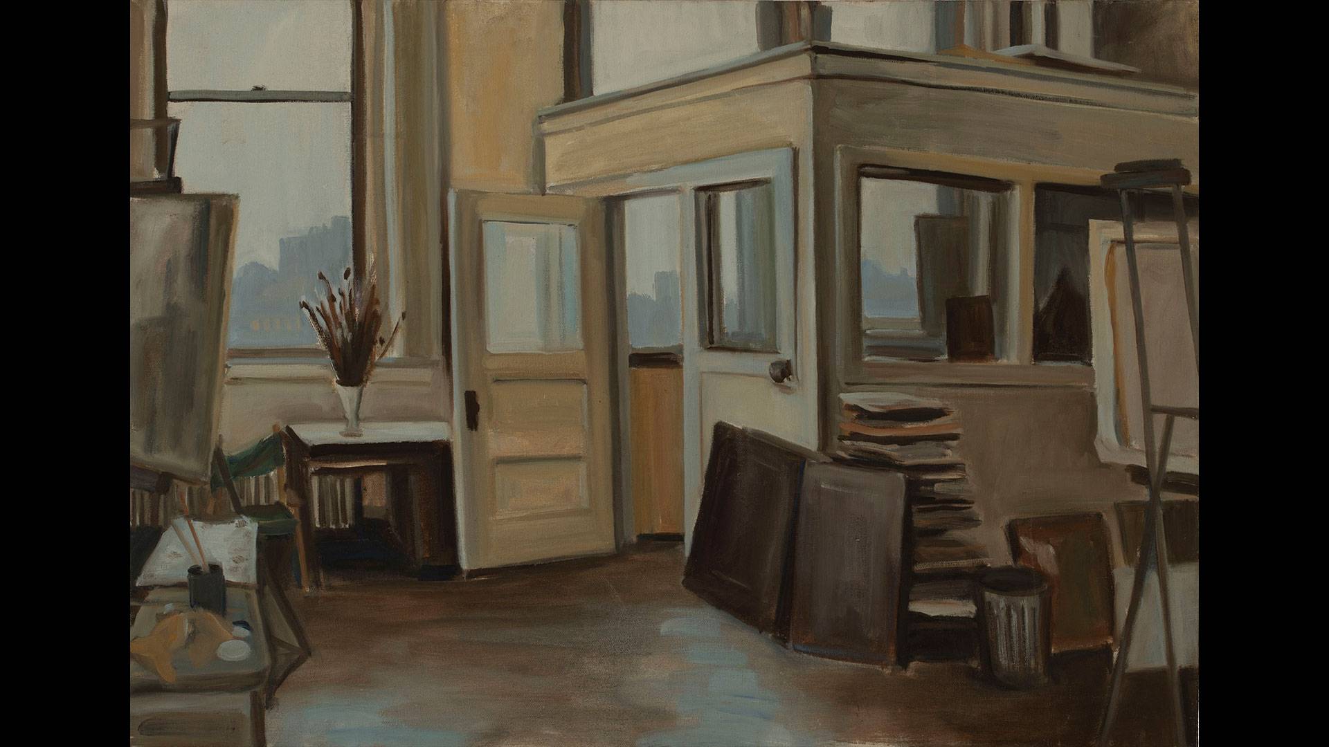 a painting of a room with a white wall and a white table