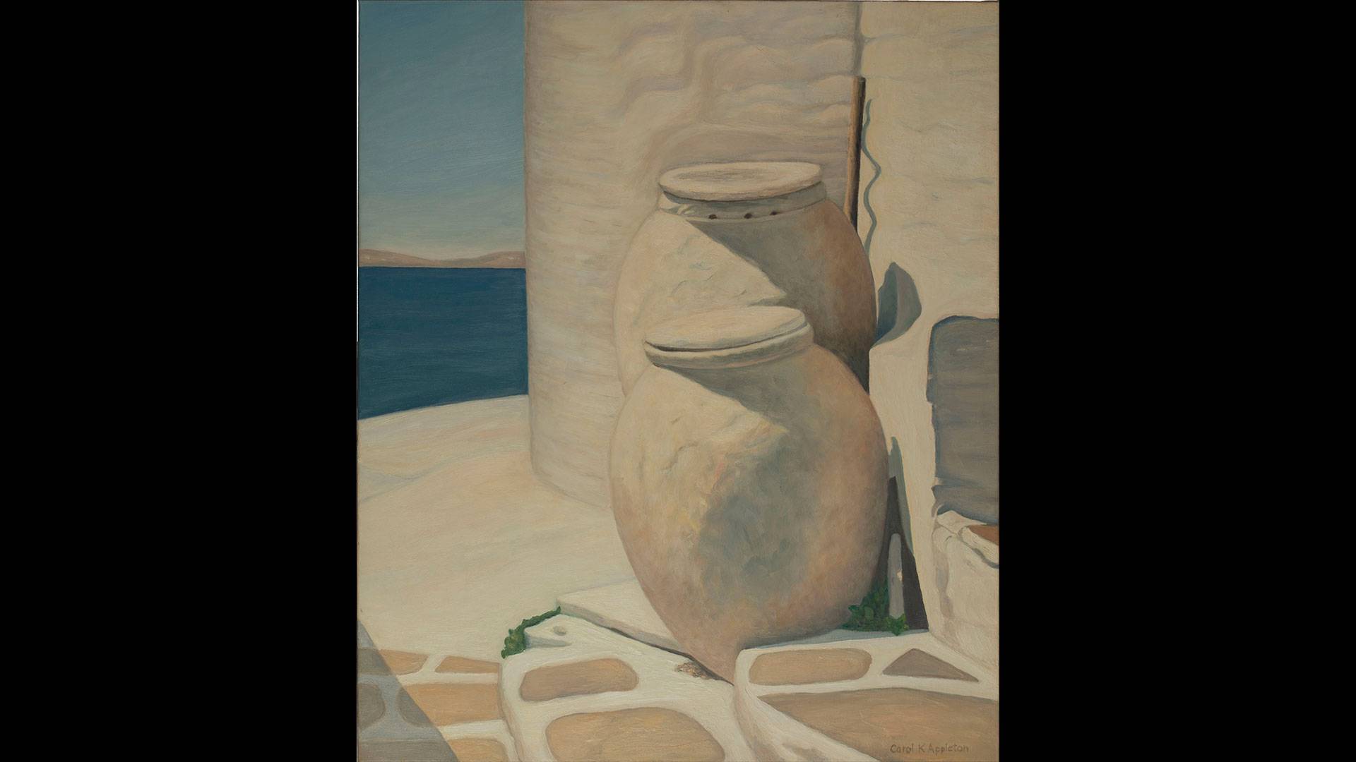 a painting of large pots on a stone surface