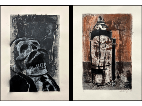 two art pieces of a skeleton and a spray can