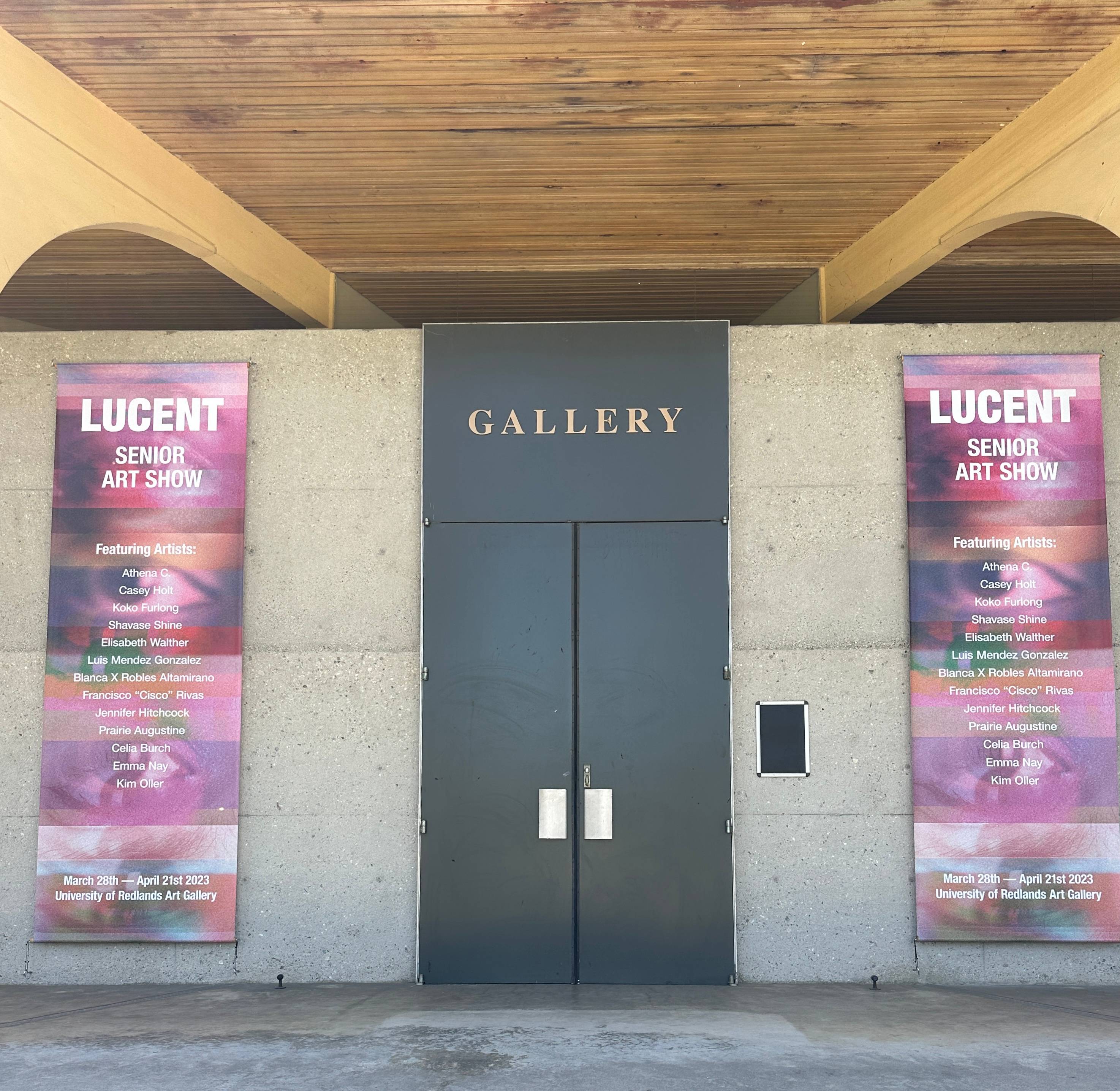 a building with a door and signs