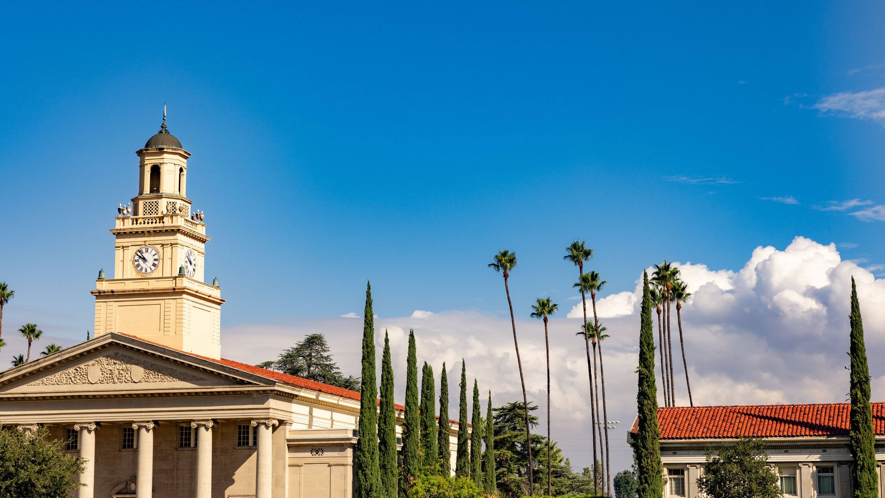 a building with tall trees and a blue sky