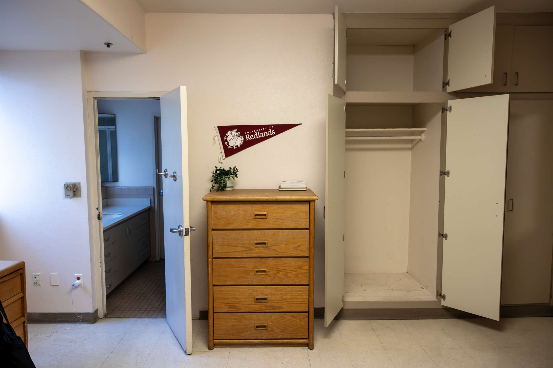 a closet with a flag on the wall
