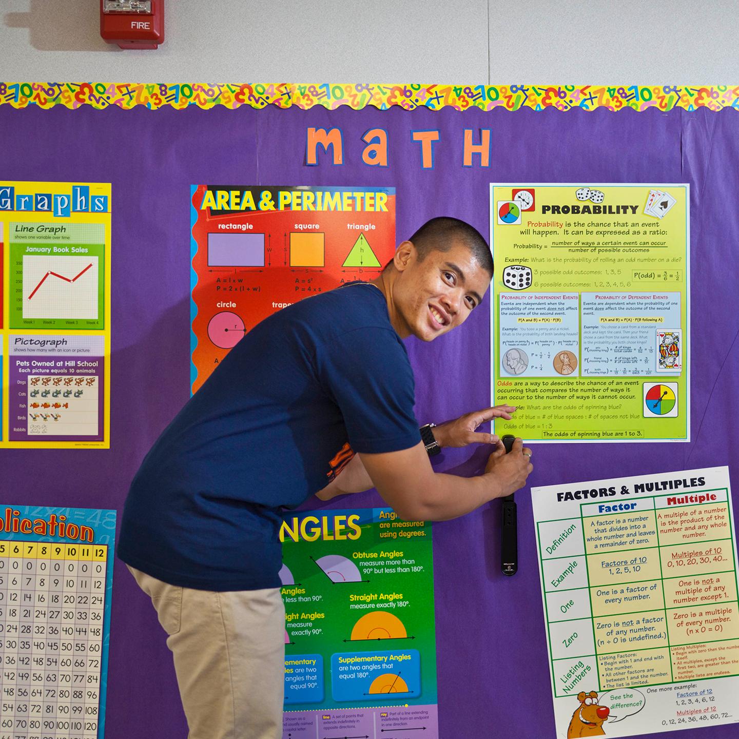 a person pointing at a bulletin board