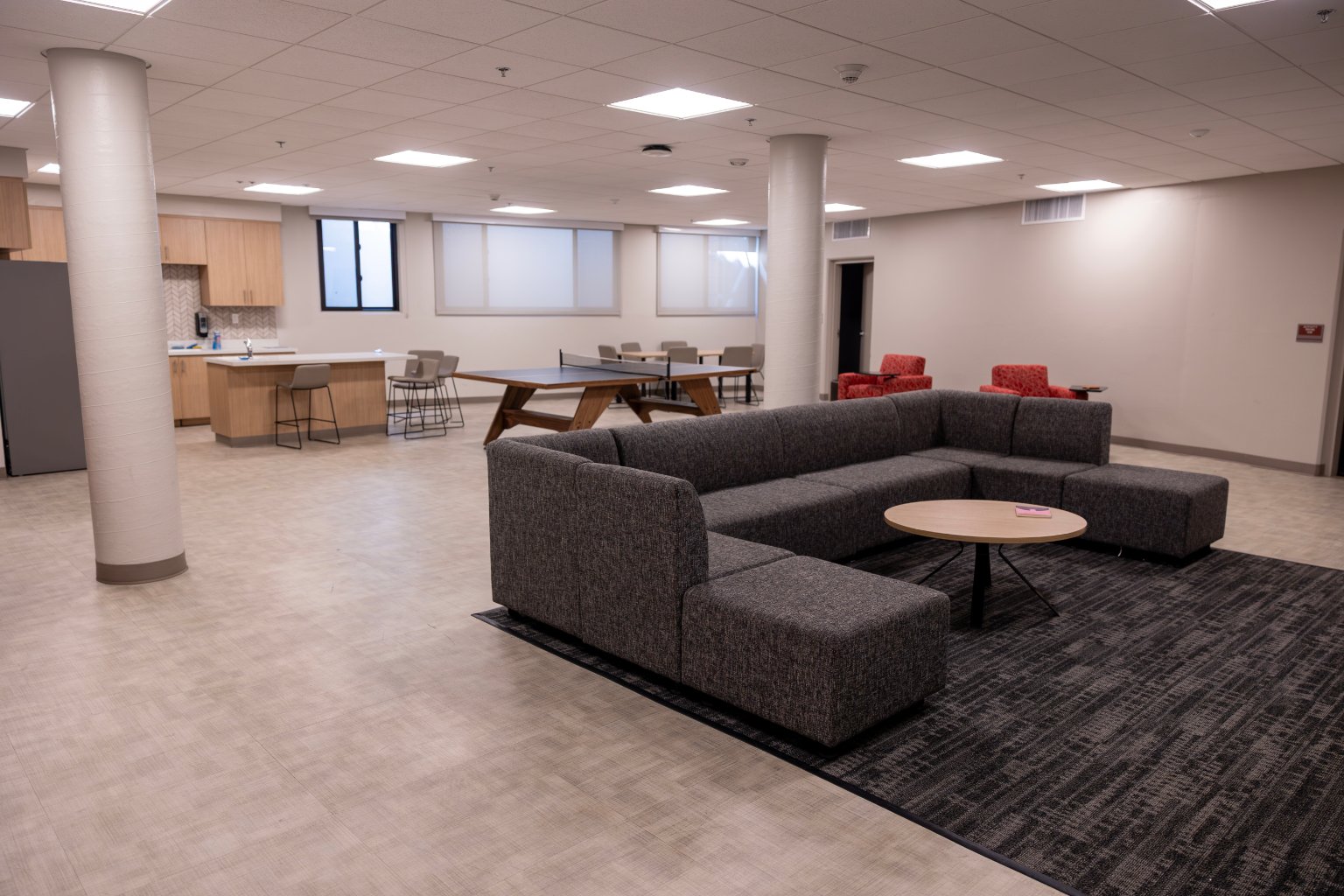 a room with a couch and table