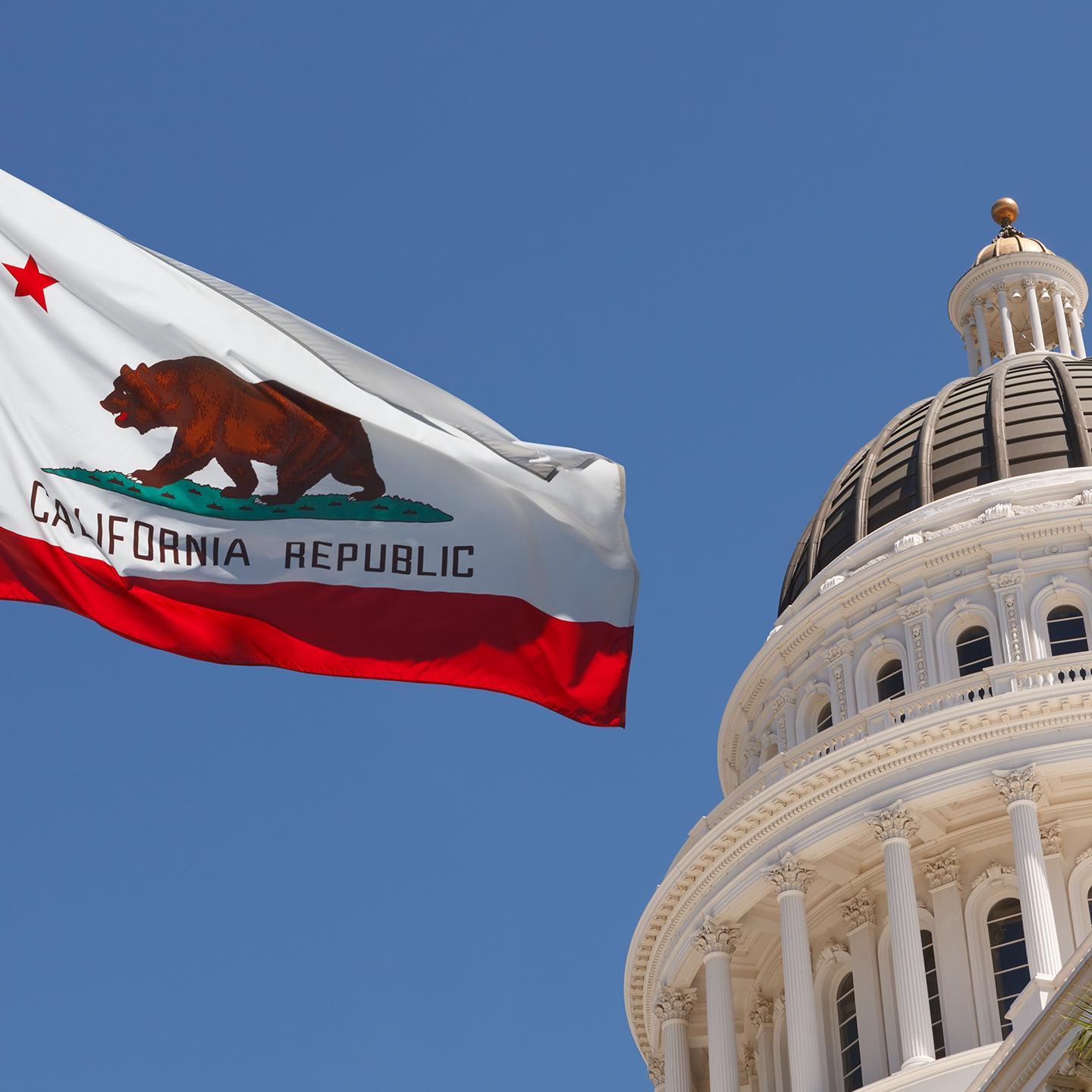 a flag flying in front of a white building