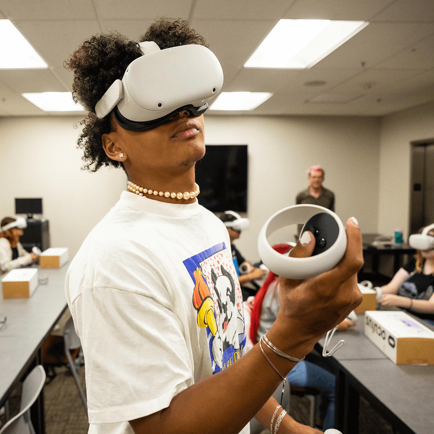 a person wearing virtual reality goggles