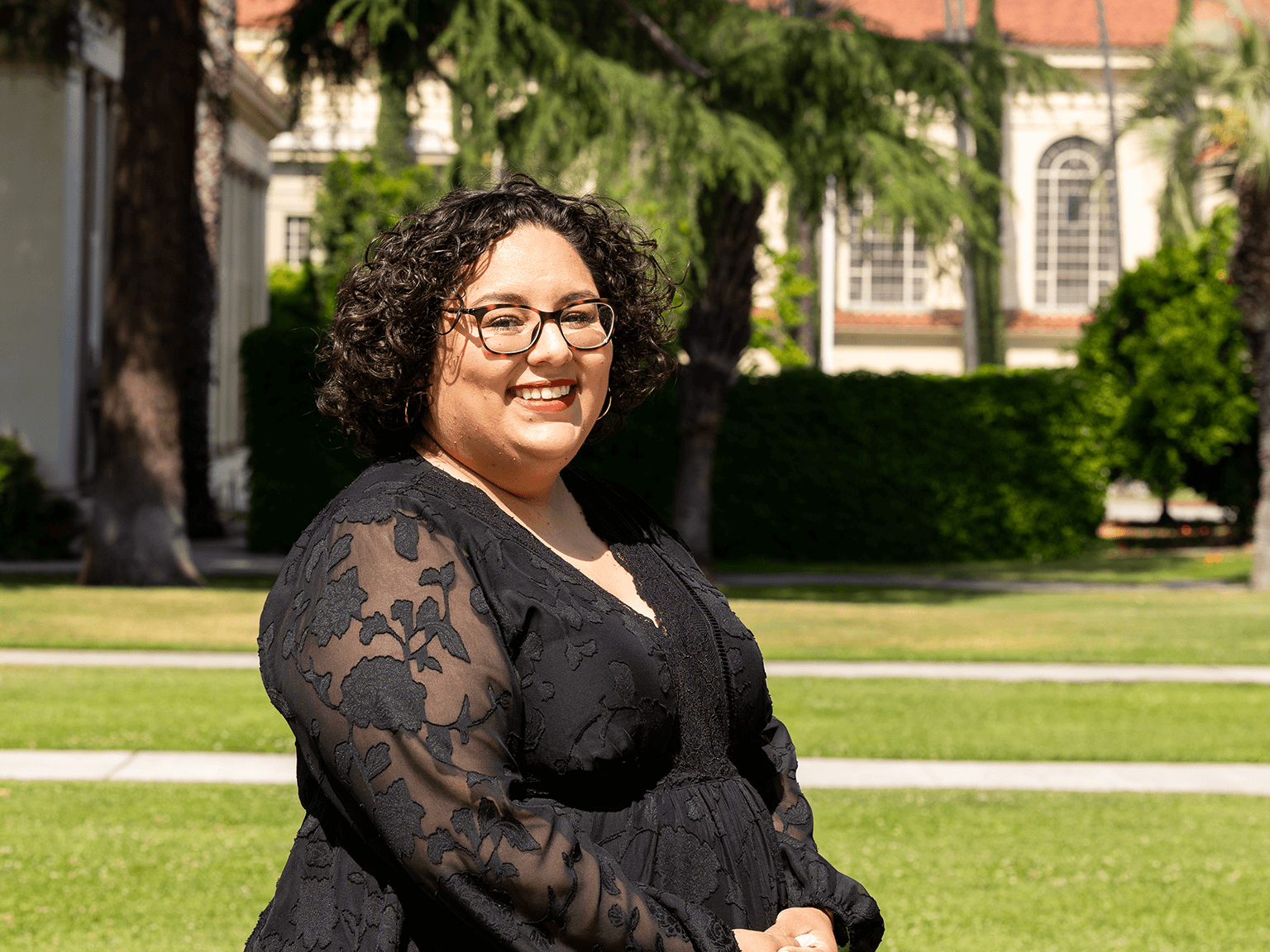a woman in a black dress