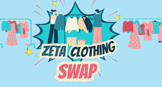 a group of people standing in front of a clothing swap