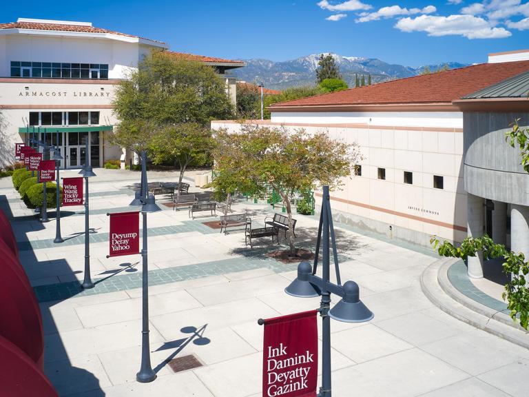 Media masthead - View of Library in Hunsaker Plaza