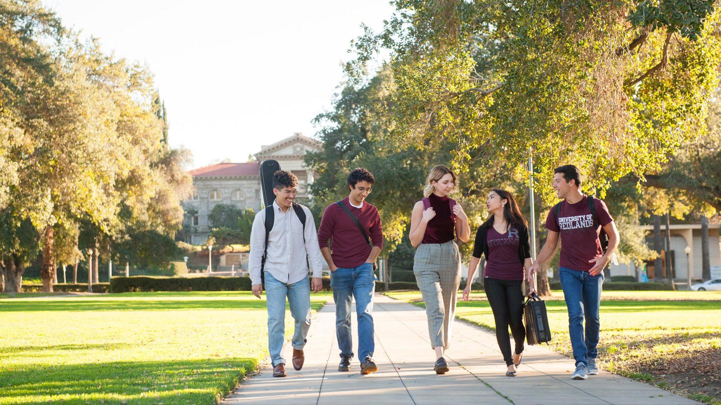 Media masthead - Graduate students walking in Redlands main campus