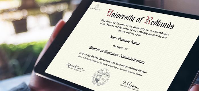 Phot of a Diploma from the University of Redlands