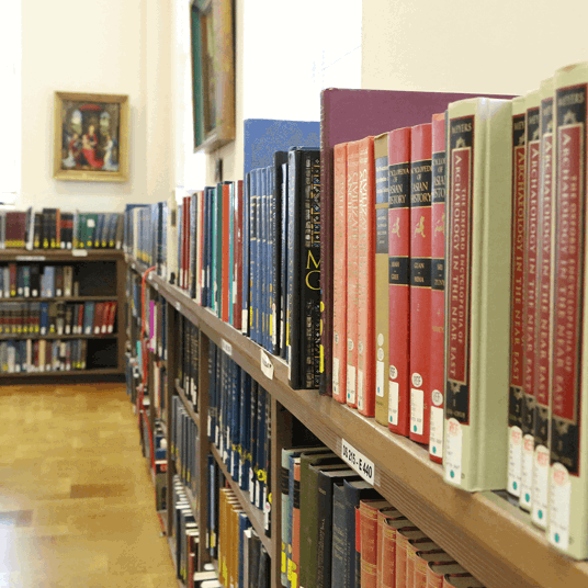 Shelves with stacks of books at Marin campus library.