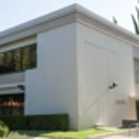 Fisheye image of the Hornby Hall in the University of Redlands main campus.