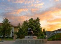 Bulldog statue standing during a sunset.